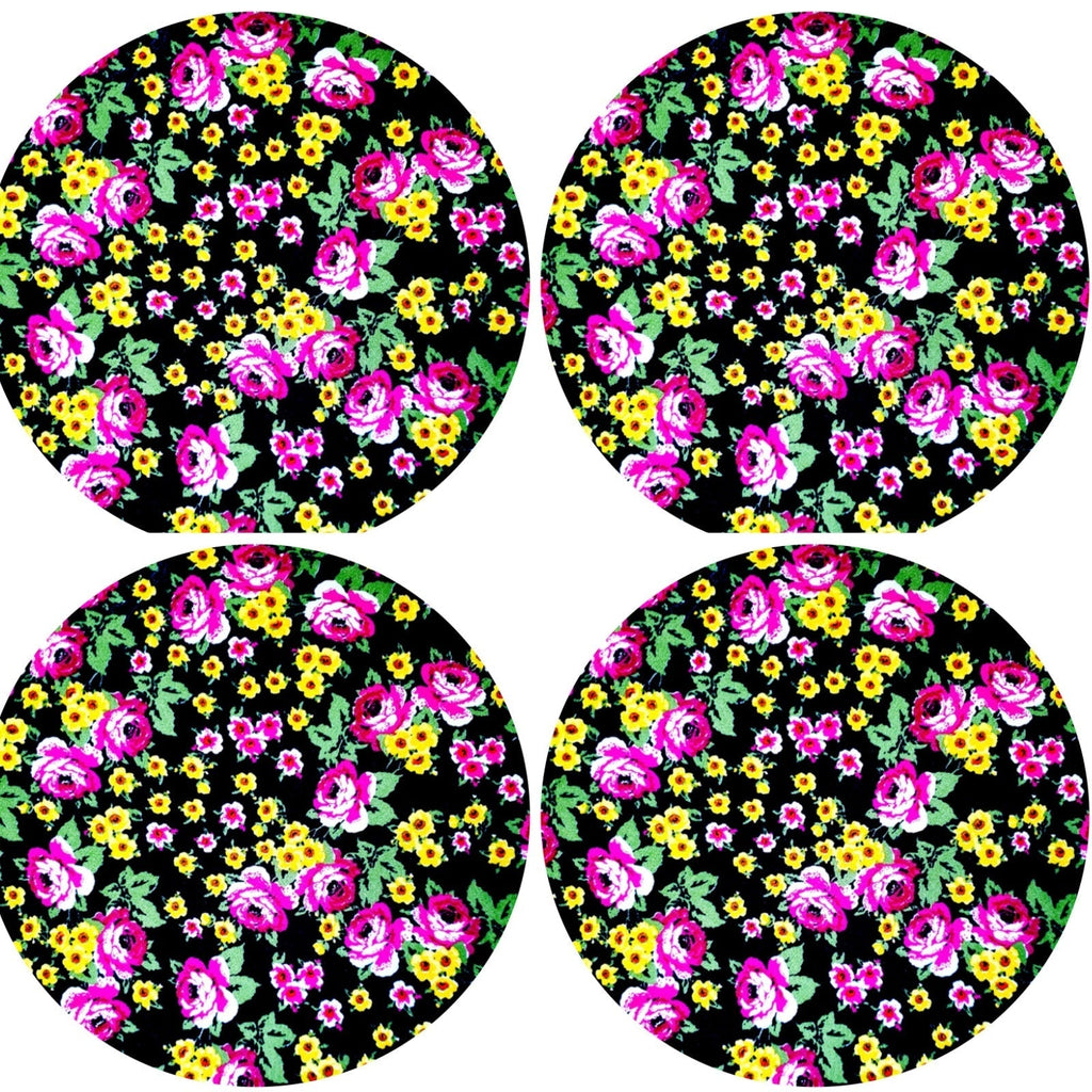 Set of 4 Round Placemats Covers 14 Dia inch Litle Black Flower Charlo