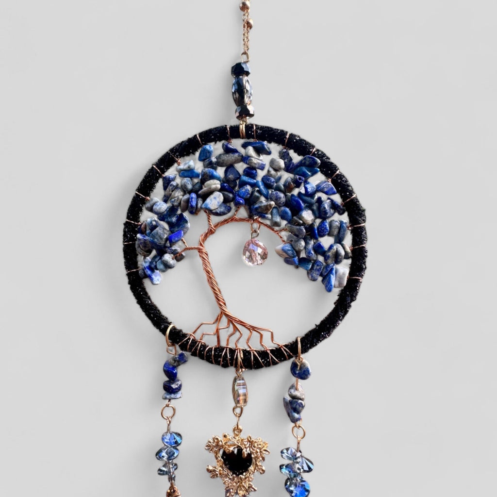 Medium Blue/Black Tree of Life Dreamcatcher with Black Heart Charm - Lapis Lazuli-- Rearview Mirror Hanging or Wall Hanging
