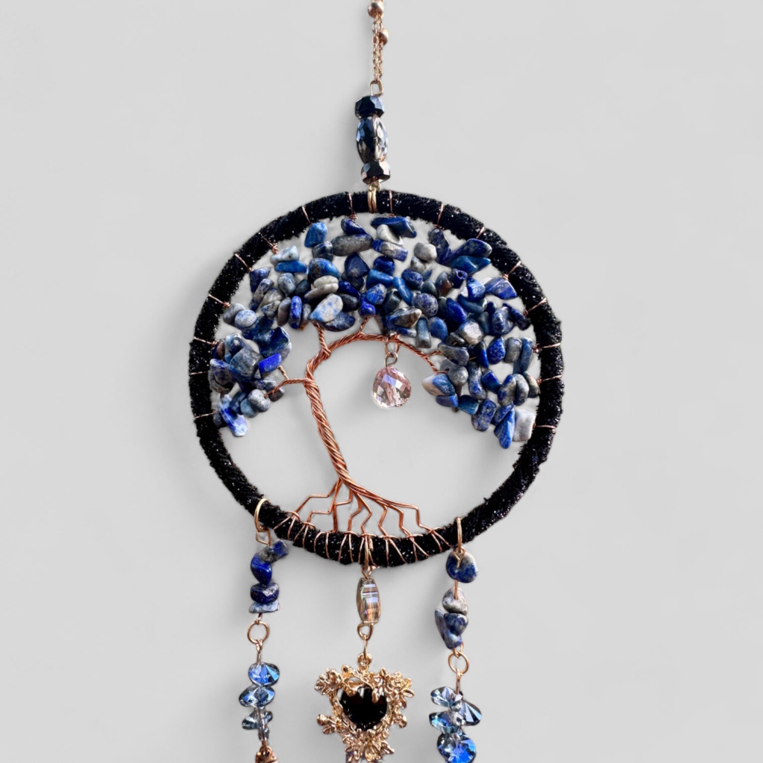 Medium Blue/Black Tree of Life Dreamcatcher with Black Heart Charm - Lapis Lazuli-- Rearview Mirror Hanging or Wall Hanging