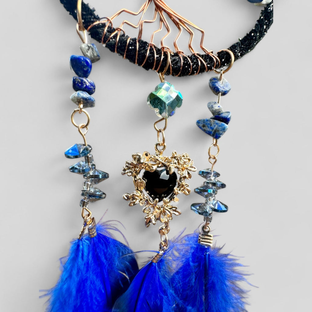 Medium Blue/Black Tree of Life Dreamcatcher with Black Heart Charm - Lapis Lazuli-- Rearview Mirror Hanging or Wall Hanging