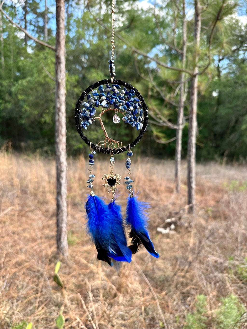 Medium Blue/Black Tree of Life Dreamcatcher with Black Heart Charm - Lapis Lazuli-- Rearview Mirror Hanging or Wall Hanging